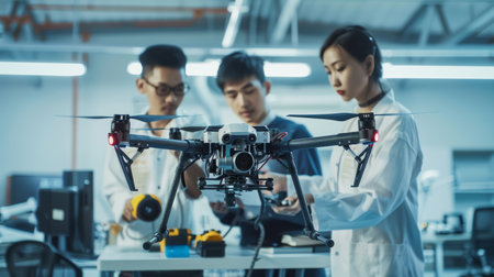 a Southeast Asian tech developing team autonomous drones in a futuristic labの素材