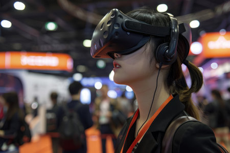 a Chinese businesswoman organizing a virtual reality expo in a state-of-the-art venueの素材