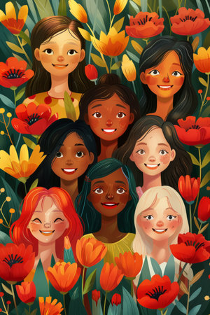 a group of smiling women of different races and body types, and flowersの素材