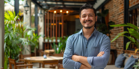 a Latin American entrepreneur launching a sustainable tourism startup in a vibrant co-working spaceの素材