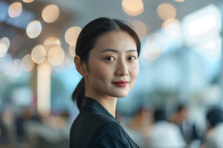 a Chinese businesswoman organizing an international business summit in a contemporary venueの素材