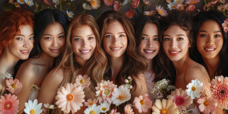 a group of smiling women of different races and body types, and flowersの素材