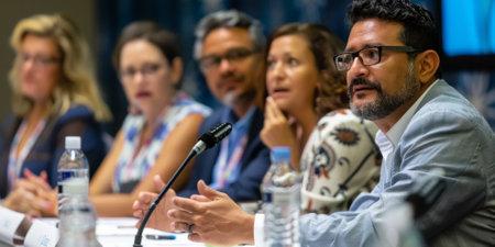 a Latin American entrepreneur leading a panel discussion on sustainable business practices at a conferenceの素材