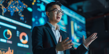 a Southeast Asian entrepreneur presenting an AI-powered marketing platform at a business expoの素材