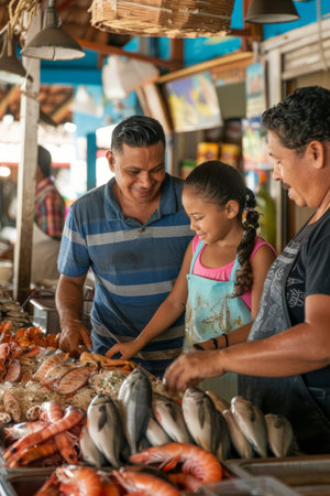 a Latin family managing a sustainable seafood market, engaging with customers about their productsの素材