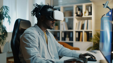 a Black remote worker creating a virtual reality presentation from a home office, using VR gear and a computerの素材