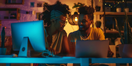 a Brazilian couple working on a tech startup from their home office, coding and brainstormingの素材