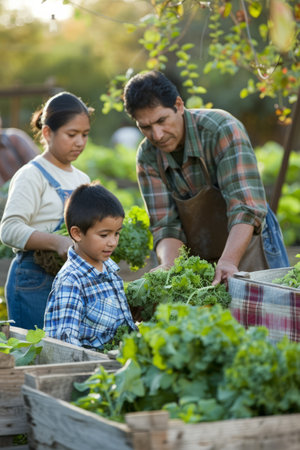 a Hispanic family running a small organic farm, preparing produce boxes for local marketsの素材