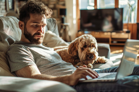 a Caucasian man working from home with a pet dog lying nearby, creating a cozy work environmentの素材