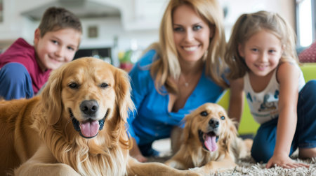 a Caucasian family managing a home-based pet care business, with pet supplies and happy pets visibleの素材