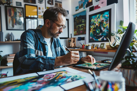 a Caucasian remote worker creating digital art on a tablet in a home officeの素材