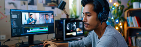 a Hispanic man setting up a professional video streaming setup in his home officeの素材