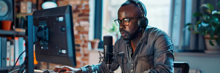 a Black man setting up a professional podcast studio in his home, with microphones and soundproofingの素材
