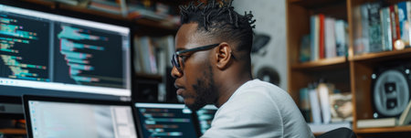 a Black man conducting an online coding bootcamp from his home office, with programming books and screensの素材