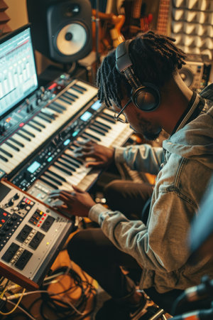 a Black freelancer working on a music production project in a home studio, with instruments and sound equipmentの素材