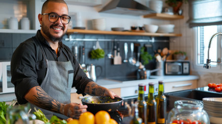 a Brazilian man conducting a virtual Brazilian cuisine cooking class from his kitchen, with ingredients and kitchenwareの素材