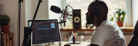 a Black man setting up a professional podcast studio in his home, with microphones and soundproofingの素材