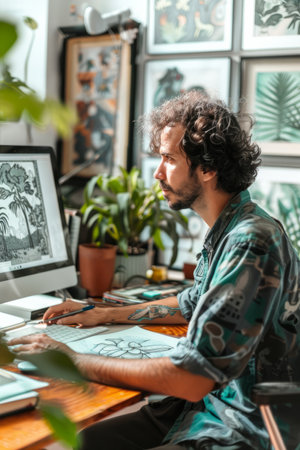 a Brazilian freelancer designing digital illustrations from a modern home studioの素材