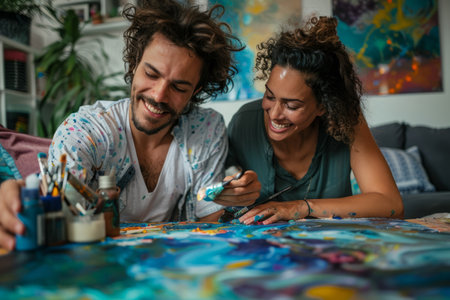 a Brazilian couple working on a creative painting project together at home, with canvases and paintの素材