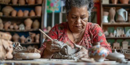 a Brazilian woman attending a virtual pottery class from her home, with clay and sculpting toolsの素材