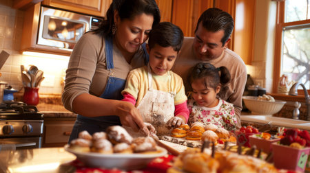 a Hispanic family running a home-based bakery business, baking and decorating pastries in a home kitchenの素材