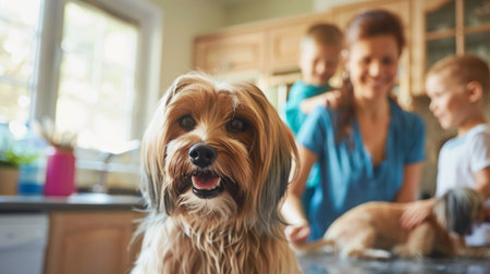 a Caucasian family running a home-based pet grooming business, pets being groomed in the backgroundの素材