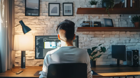 a Hispanic freelancer designing a website from a minimalist home office, focusing on the screenの素材