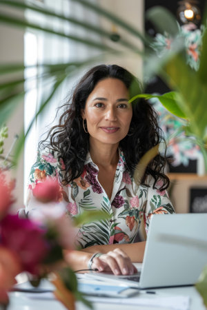 a Hispanic woman attending a virtual business summit from her home office, with a professional setupの素材