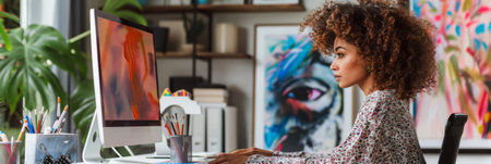 a Brazilian woman creating a professional online portfolio in her home office, with a sleek computer and art suppliesの素材