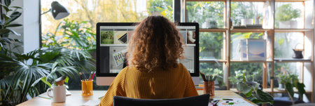 a Brazilian woman creating a professional online portfolio in her home office, with a sleek computer and art suppliesの素材