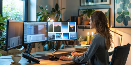 a Brazilian woman setting up a home office with smart home technology, integrating devices for efficiencyの素材