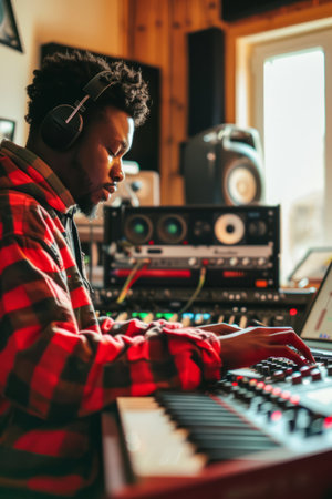 a Black freelancer working on a music production project in a home studio, with instruments and sound equipmentの素材