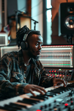 a Black freelancer working on a music production project in a home studio, with instruments and sound equipmentの素材