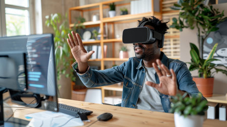 a Black remote worker creating a virtual reality presentation from a home office, using VR gear and a computerの素材