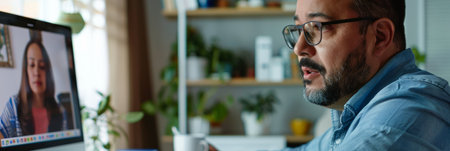 a Hispanic man working from home as a virtual language tutor, teaching Spanish to students via video callの素材