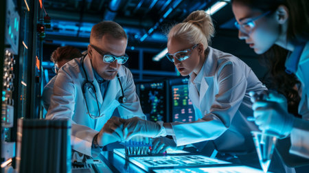 a Caucasian tech team developing advanced analytics tools for retail in a futuristic research labの素材