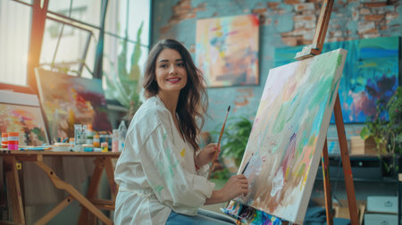 a Brazilian woman hosting a virtual art class from her home, with paints and canvasesの素材