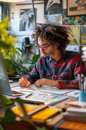 a Hispanic freelancer designing digital illustrations from a modern home studioの素材
