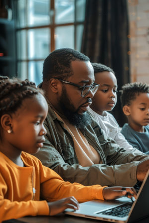 a Black family running a home-based tech support business, troubleshooting issues on multiple devicesの素材
