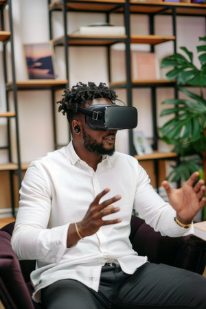 a Black freelancer participating in a virtual reality meeting from home, using VR equipmentの素材