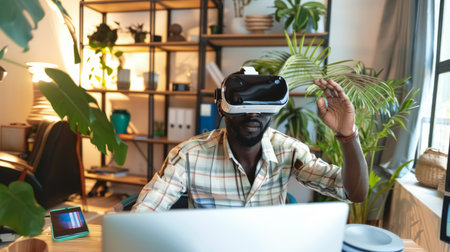 a Black remote worker creating a virtual reality presentation from a home office, using VR gear and a computerの素材