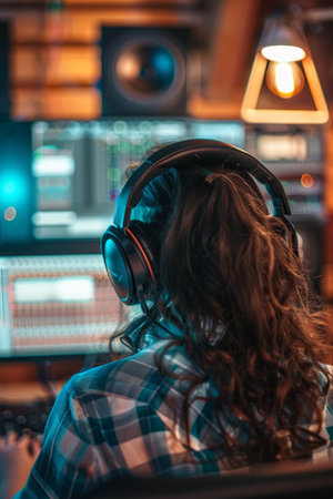 a Brazilian freelancer participating in a virtual music production workshop from a home studioの素材