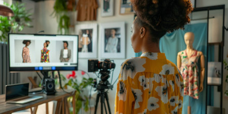 a Brazilian woman hosting a virtual fashion show from her living room, showcasing designs on mannequinsの素材