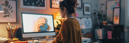 a Brazilian woman creating a professional online portfolio in her home office, with a sleek computer and art suppliesの素材