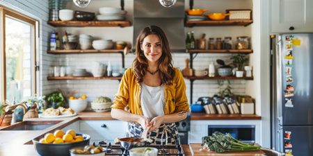 a Caucasian woman conducting a virtual cooking class from a stylish home kitchenの素材