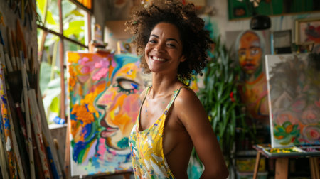 a Brazilian woman hosting a virtual art class from her home, with paints and canvasesの素材