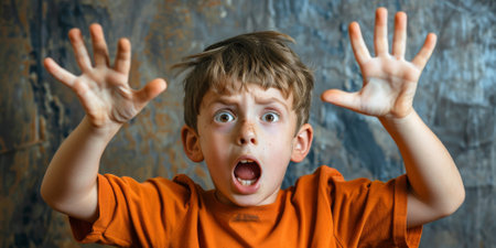 a Caucasian boy expressing fear on a studio backgroundの素材