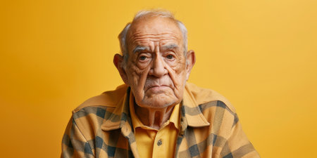 a Hispanic elderly person looking wise on a yellow studio backgroundの素材