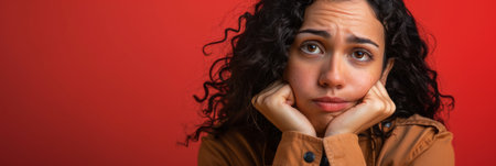 a Hispanic woman looking worried on a red studio backgroundの素材