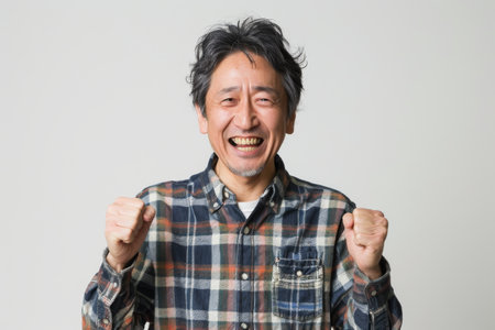 a Japanese man showing pride on a studio backgroundの素材
